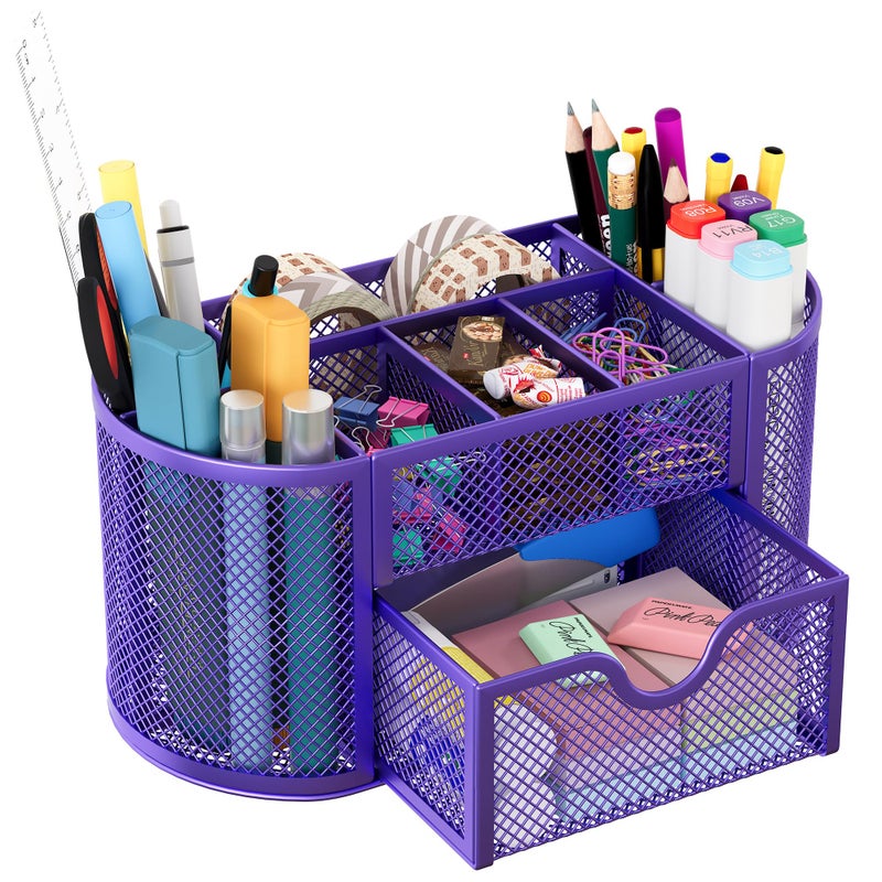 EasyPAG Mesh Pen Holder Desk Organizer with Drawer Stationery Supplies Organizer for Dorm School 9 Compartments Workspace Desk Accessories Organization for Office, Purple - Image 1